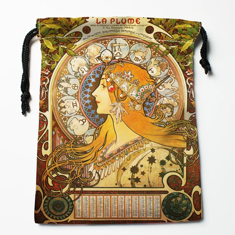 New Arrival Alphonse Mucha Drawstring Bags Print 18X22CM Soft Satin Fabric Resuable Storage Storage Clothes Bag Shoes Bags 5