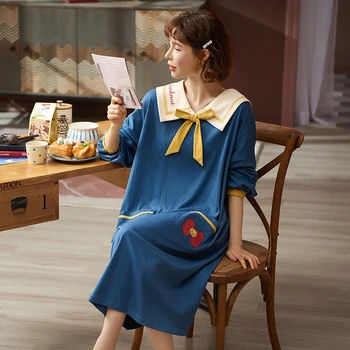 

Home Style Young Girl Cute Cotton Nightdress Knee-Length autumn long Sleeve Sling Women Sleepwear Dress Slash Neck Nightshirt