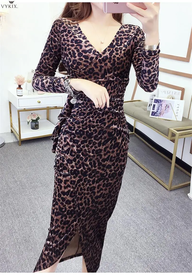 

Asymmetrical Slim Bodycon Leopard Dress High Slit Mid-calf Women Dresses V Neck Sexy Club Midi Dress Elegant Vestido Party Dress