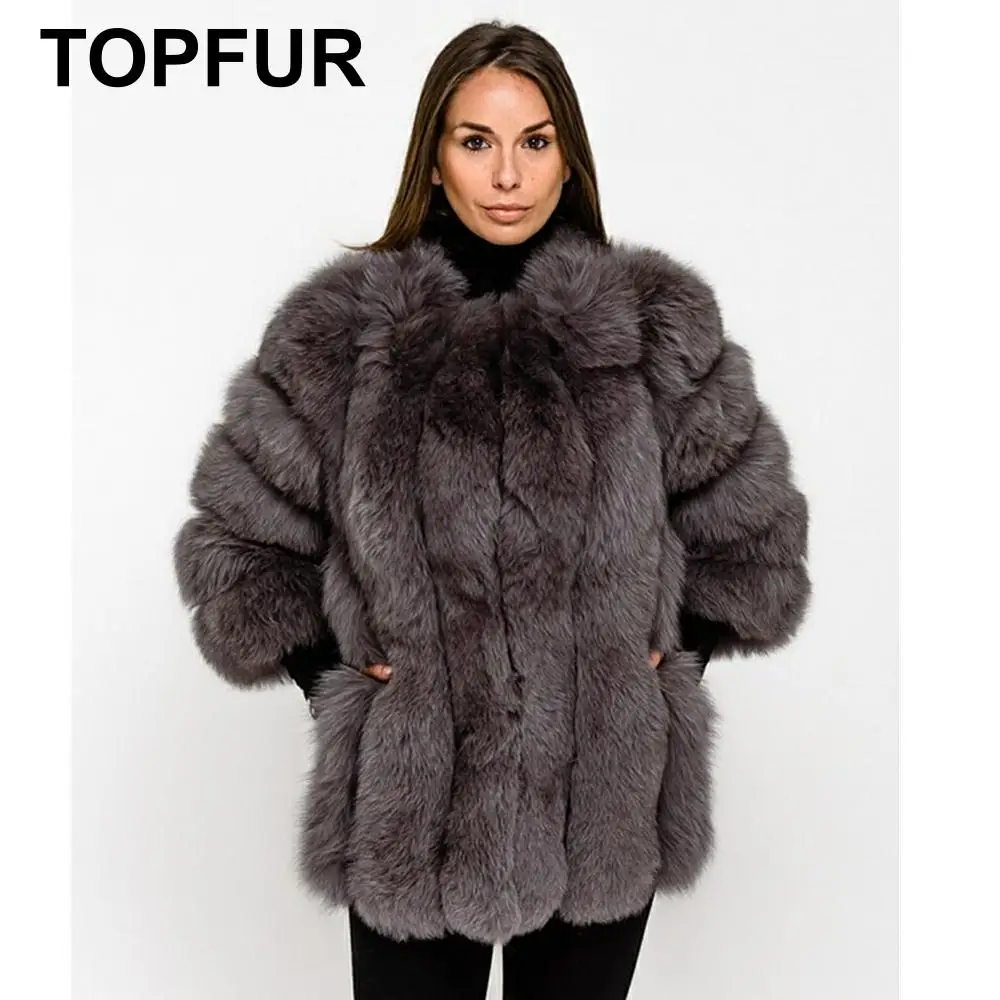TOPFUR, модное пальто из натурального меха, женская кожаная куртка, зимнее пальто из натуральной голубой лисы, Женское пальто с рукавом три четверти, Manteau Femme