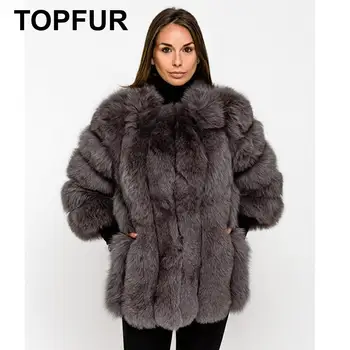 

TOPFUR 2019 Fashion Real Fur Coat Women Leather Jacket Winter Natural Blue Fox Coat Women Three Quarter Sleeves Manteau Femme