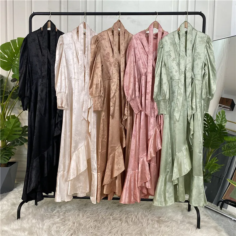 

Eid Mubarak Ramadan Muslim Women Satin Print Long Dress Islamic Arabic Abaya Middle East Dubai Turkish Ethnic Solid Color Robe