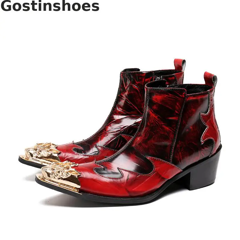 

Fashion Autumn Men Boots Red Genuine Leather Metal Capped Tip-up Men Ankle Boots Side Zipper Heighten Men Martin Short Boots