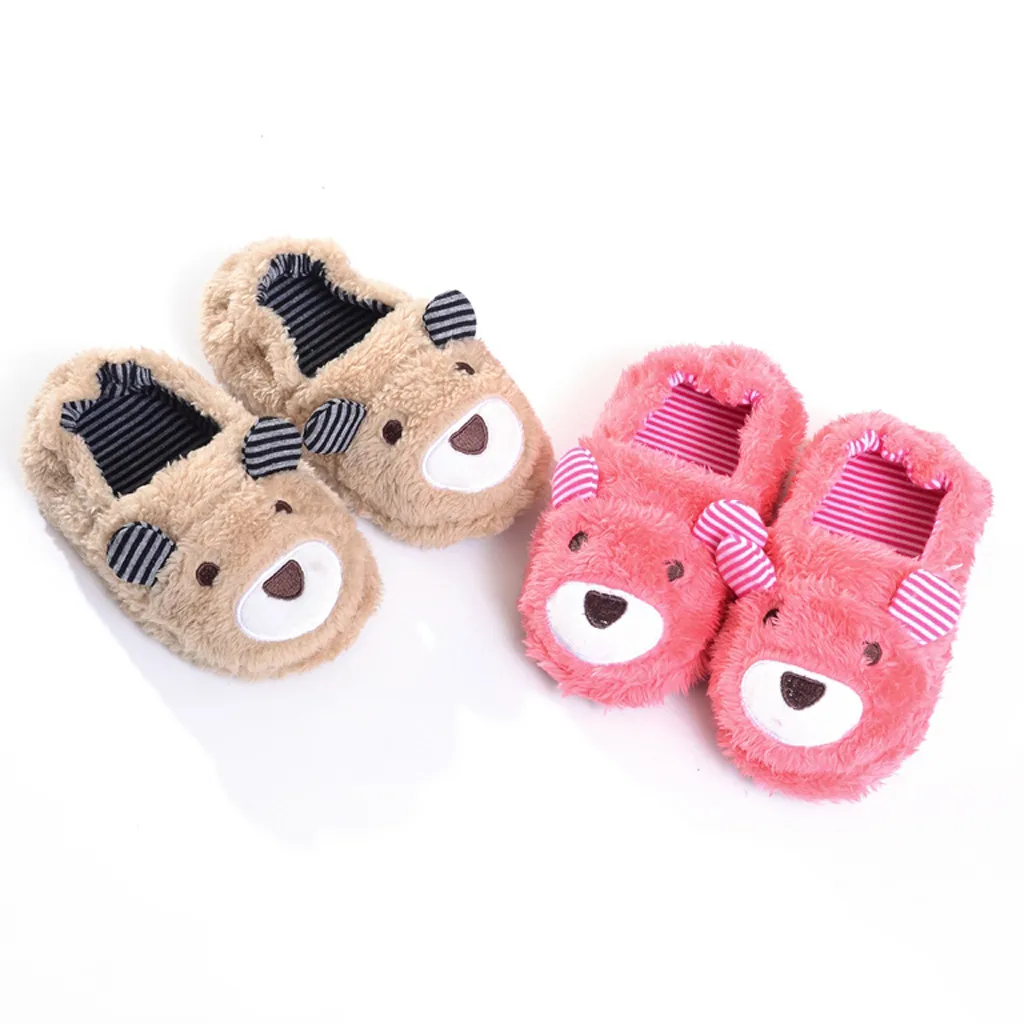 Осенне-зимние кроссовки для малышей, детская теплая форма медведя из мультфильма, обувь для мальчиков и девочек, плюшевые мягкие тапочки на подошве, 1 год