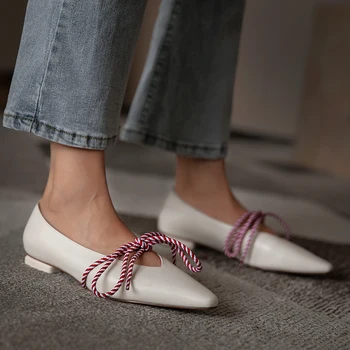 

New Fashion Women Flats Pointed Toe genuine leather Cross-tied Butterfly Knot Decoration Flats for woman Ladies casual shoes