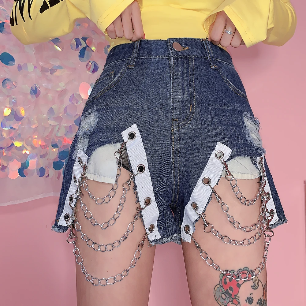 

Sexy Summer Women High Waist Denim Shorts Streetwear Shorts Destroyed Hole With Metal Chain Female Casual Short Jeans