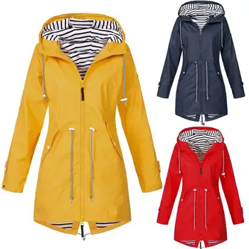 

Fashion Women Winter Solid Color Drawstring Hooded Zipper Jacket Outdoor Coat Raincoat Transition Jacket Camping Windproof Coat