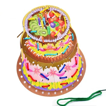 

Montessori Early Educational Toys Lacing Board Kids Wooden Cake Threading Toy Rope Board Beaded Blocks Puzzle Toys