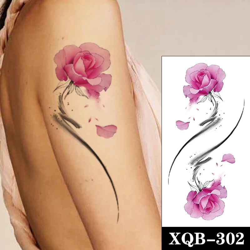 

Waterproof Temporary Tattoo Sticker Pink Watercolor Flower Leaves Ink Totem Fake Tattoos Flash Tatoos Arm Body Art for Women Men