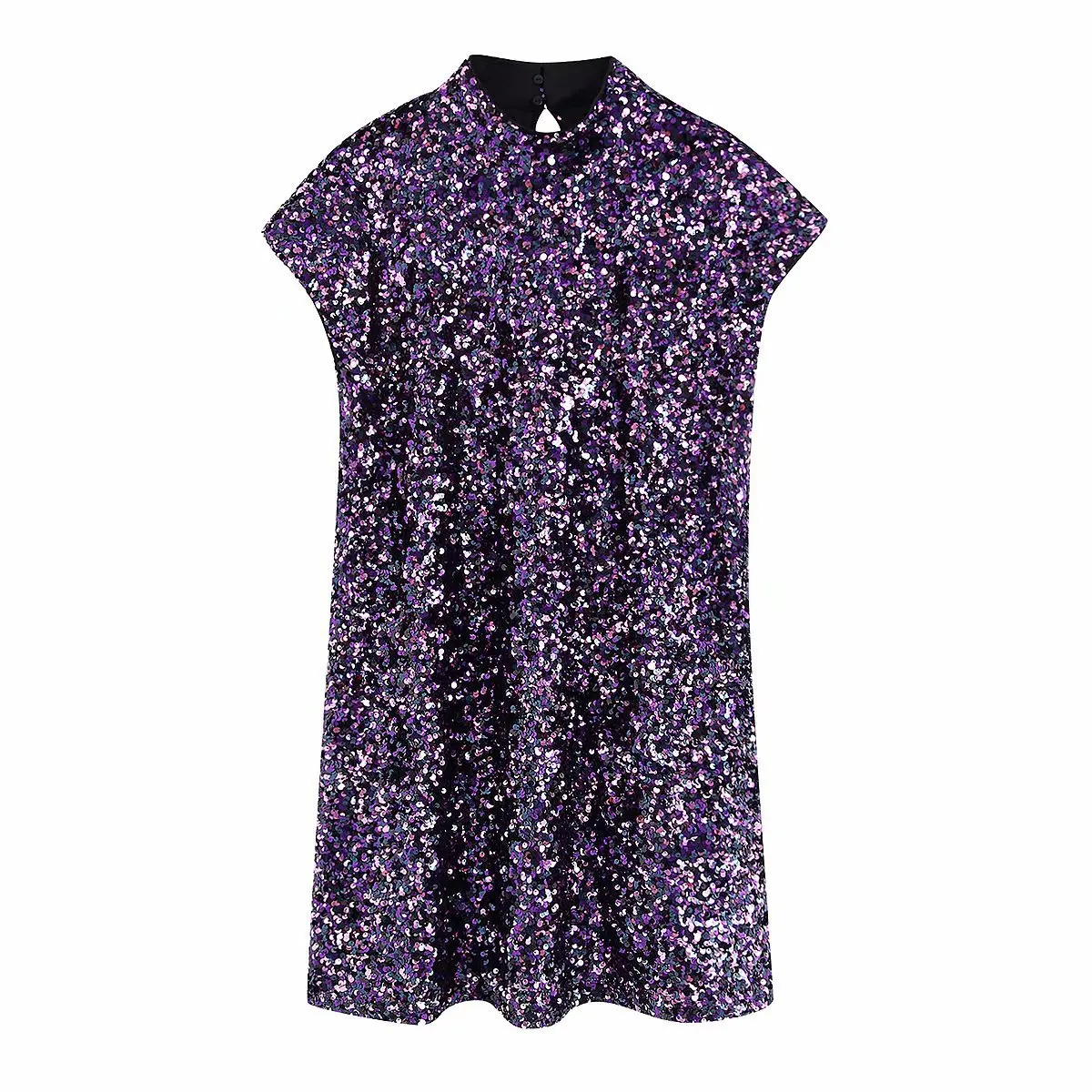 Женское элегантное платье со стоячим воротником и пайетками Vestidos повседневное прямое мини-платье женское шикарное Брендовое вечернее платье с коротким рукавом