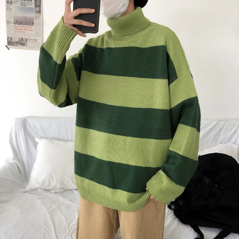 

Winter Turtleneck Sweater Men Warm Fashion Sweter Clothes Contrast Casual Knit Sweater Man Streetwear Loose Striped Pullover Men