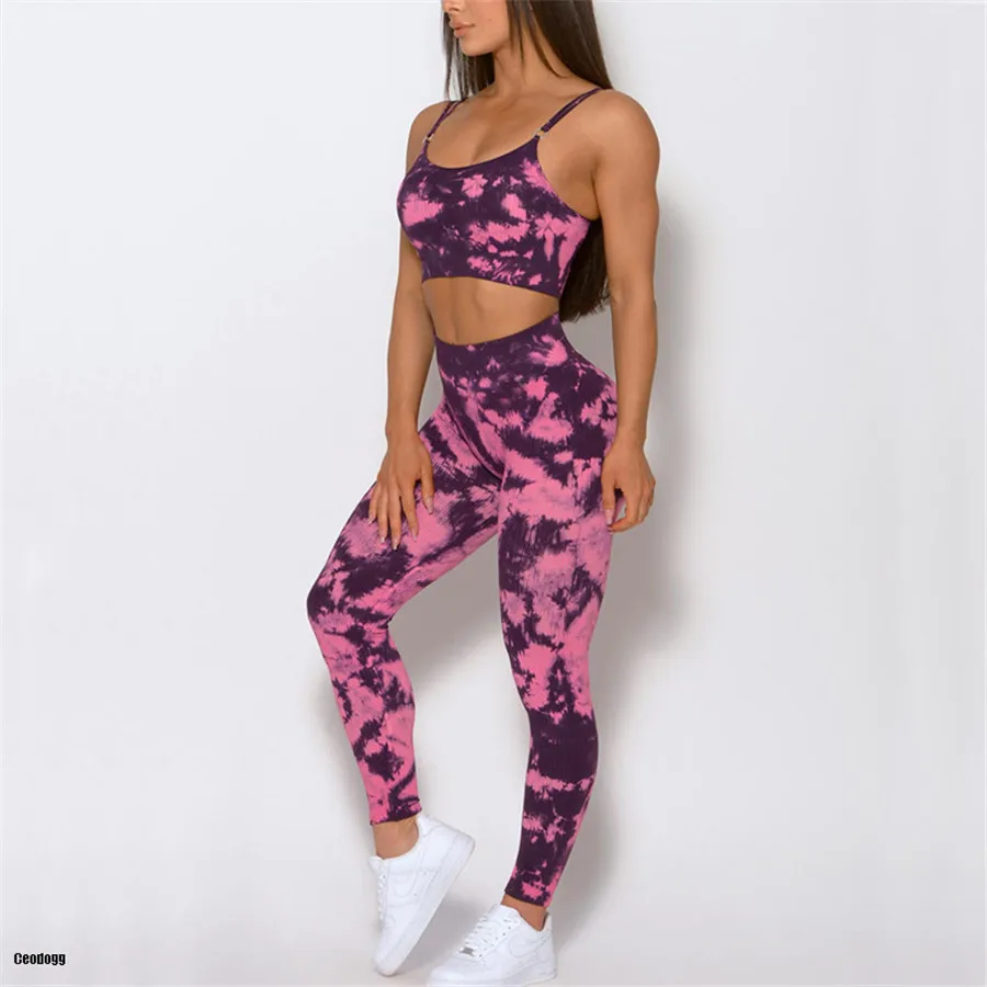 Yoga Set Sports Set Gym Workout Set Sportswear Set Fitness Set Sports Bra Set Yoga Pants Set Sports Set Shorts Seamless Tie Dye Printing Yoga Bra Sports Pants Suit Gym High Waist Push Hip Sports Shorts Running Fitness Leggings Women