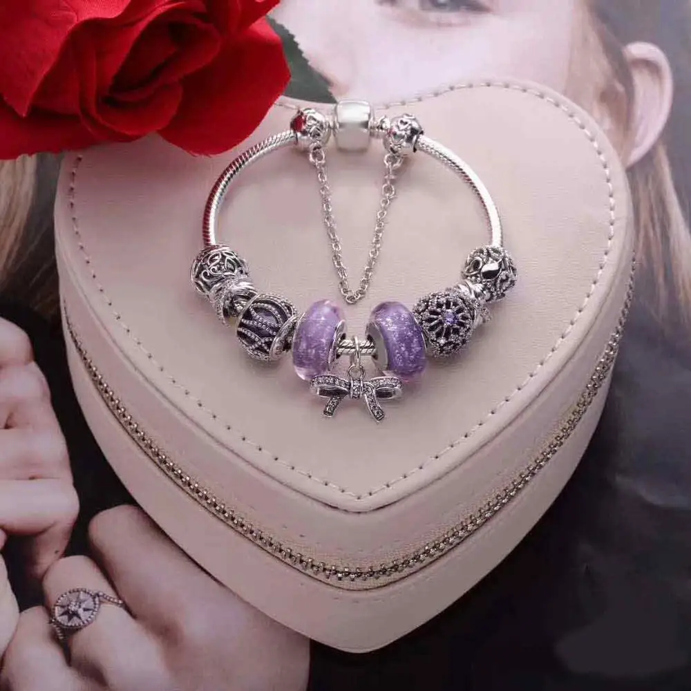 

Kristie Shop Original 1:100% 925 Pure Silver And Purple Beaded Bow Bracelet Is Your First Choice For Gift Gift Free Of Charge