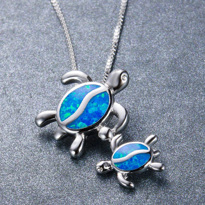 Ожерелье с подвеской в виде двух милых черепах для женщин, серебро 925, ювелирное изделие с голубым опалом, индивидуальный персонаж, подарок