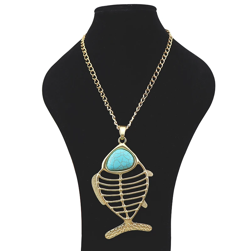 1 x Antique Gold Color Fashion Large Abstract Fish Bone Skeleton Jewelry Pendant Necklaces on Long Link Chain Lagenlook 34