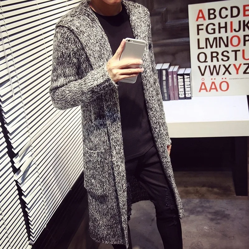 

Autumn Winter Loose Long Mens Cardigans Sweaters New Fashion Large Size Jumpers Mens Hooded Knitted Sweater Solid Gray Red Coat
