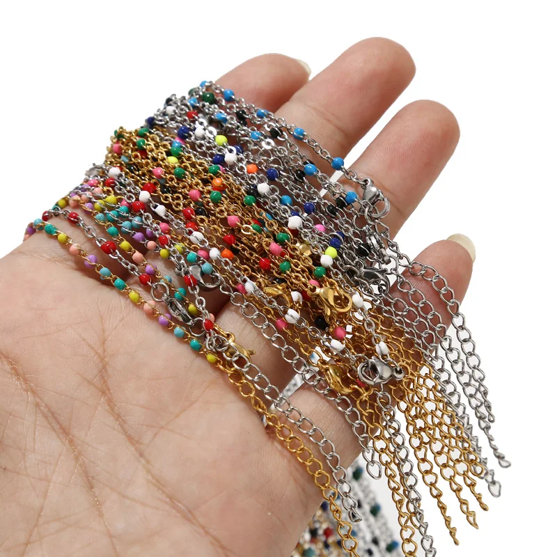 10pcs Stainless Steel 2mm Width Choker Necklace Charm Enamel Satellite Beaded Cable Ball Chain 45+5cm Extend Necklaces