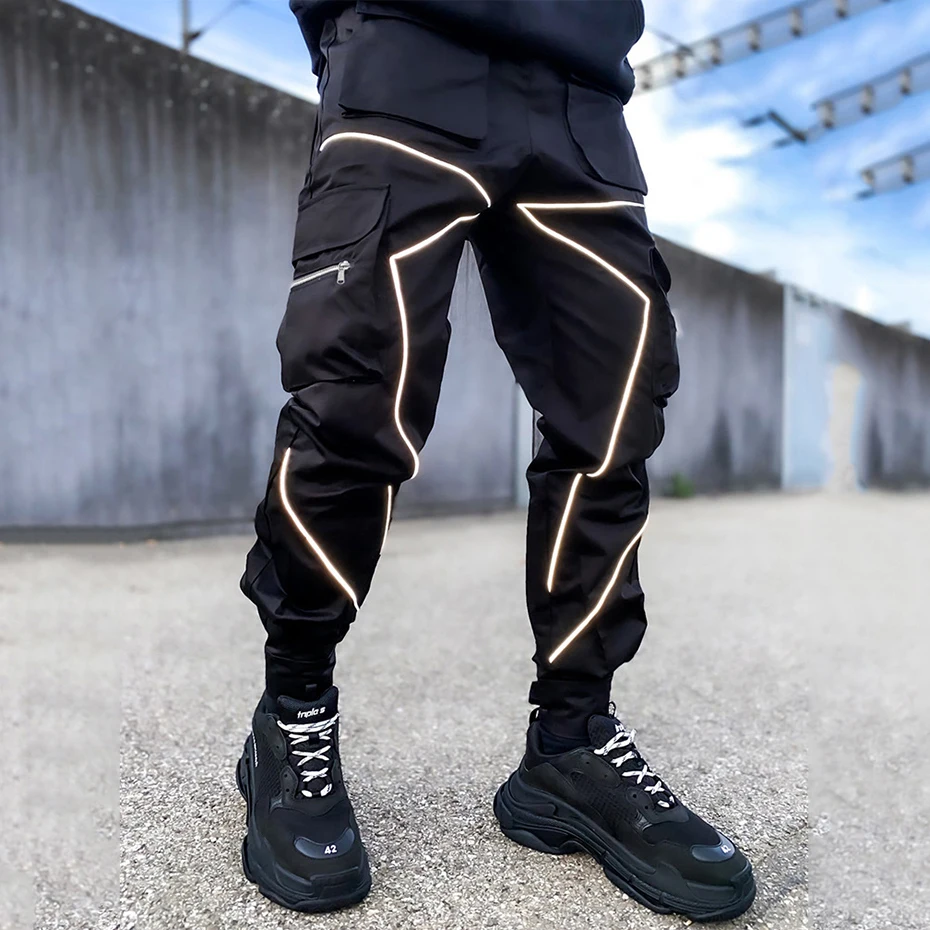 Pantalones Cargo reflectantes a rayas para hombre, ropa de calle de moda,  pantalones de chándal de Hip Hop, pantalones Hipster de retazos blancos y  negros