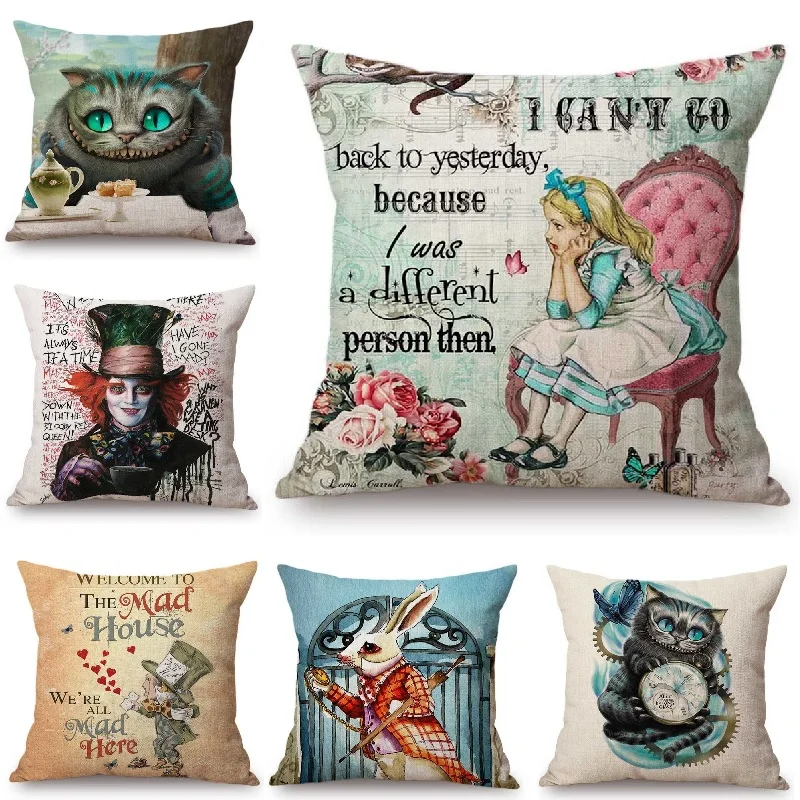 Alice in Wonderland Cushion Cover Cute Rabbit Cheshire Cat Printed Sofa Throw Pillow Vintage Home Decorative Pillow Case