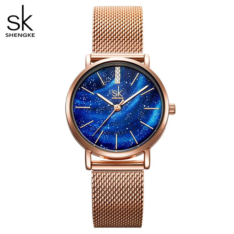 Shengke роскошные женские часы романтический Звездный синий циферблат сетка нержавеющая сталь ремешок ультра-тонкий чехол кварцевые наручные часы Reloj Mujer