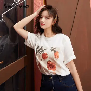 

SAM'S TREE White Solid Floral Print Romantic Casual T Shirts Women 2020 Spring Short Sleeve Korean Style Ladies Basic Daily Tops