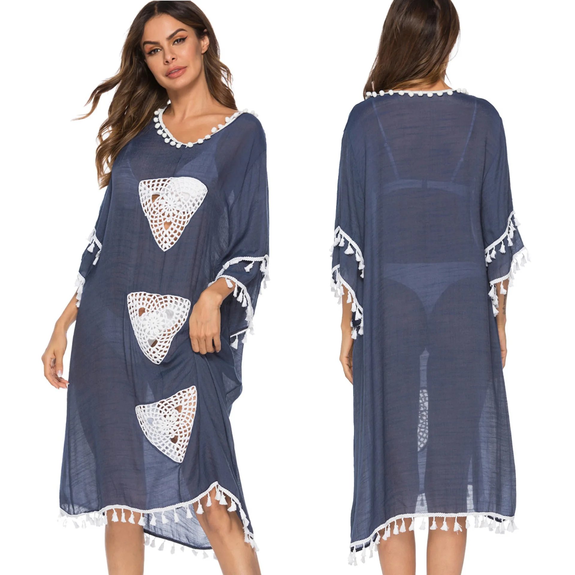 

WOMEN'S Dress Crochet Flower Joint Tassels Irregular Mid-length Beach Bikini Cover-up Dress P9301
