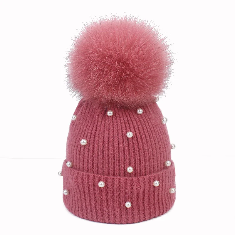 

Pearl Wool Beanies Women Real Fox Fur Pom Poms Fashion Warm Knitted Hat Girls Female Beanie Cap Pompom Winter Hats for Women