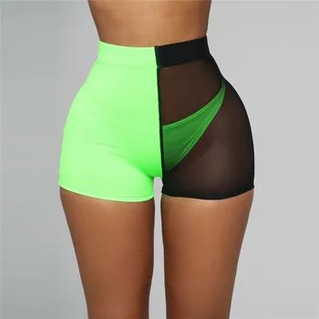 

Summer Slim Shorts New Sheer Mesh Stitching Slim Short Pants Female Elastic High Waisted Colorblock Sports Bottoms Female Hot