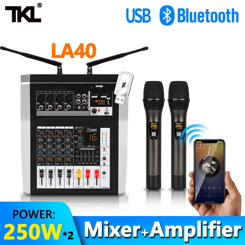 US $195.21 TKL 4 Channel Audio Mixer With Amplifier 250w2 Professional Wireless Microphone Sound Mixing Bluetooth USB DJ Mixer 48V Phantom