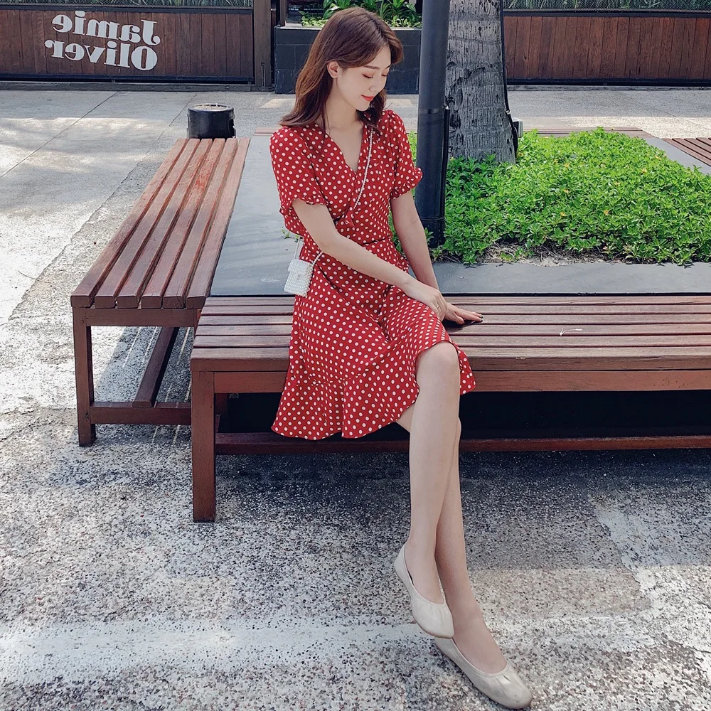 

France Non-mainstream Polka Dot Dress Women's 2019 Summer New Style Retro CHIC Wind Charade Backless Mid-length Dress
