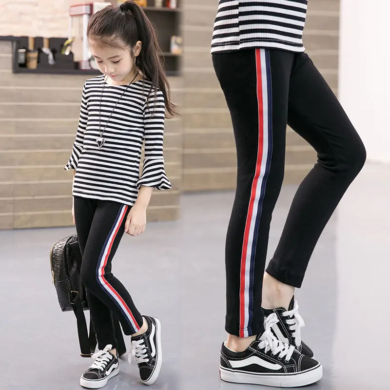 

2019 Autumn New 3-12t Baby Girl Trousers Girls Leggings Casual Ports Solid Stripe Middle Waist Skinny Stretch Pencil Pants