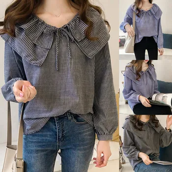 

Ruffles Blouse Women Cute Plaid Korean Shirt Long Sleeve Stand Collar Blouse Chemisier Femme Women Blouse J4