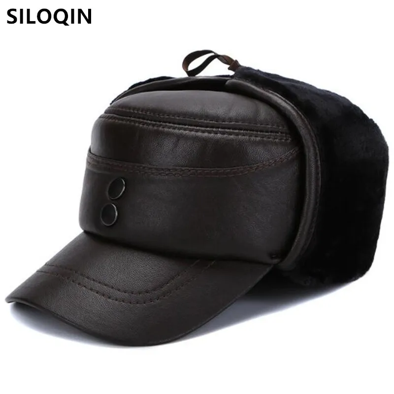 

SILOQIN New Winter Men's Plush Fluff Thermal Bomber Hats Natural Genuine Leather Cap Thicken Warm Sheepskin Fur Earmuffs Hat