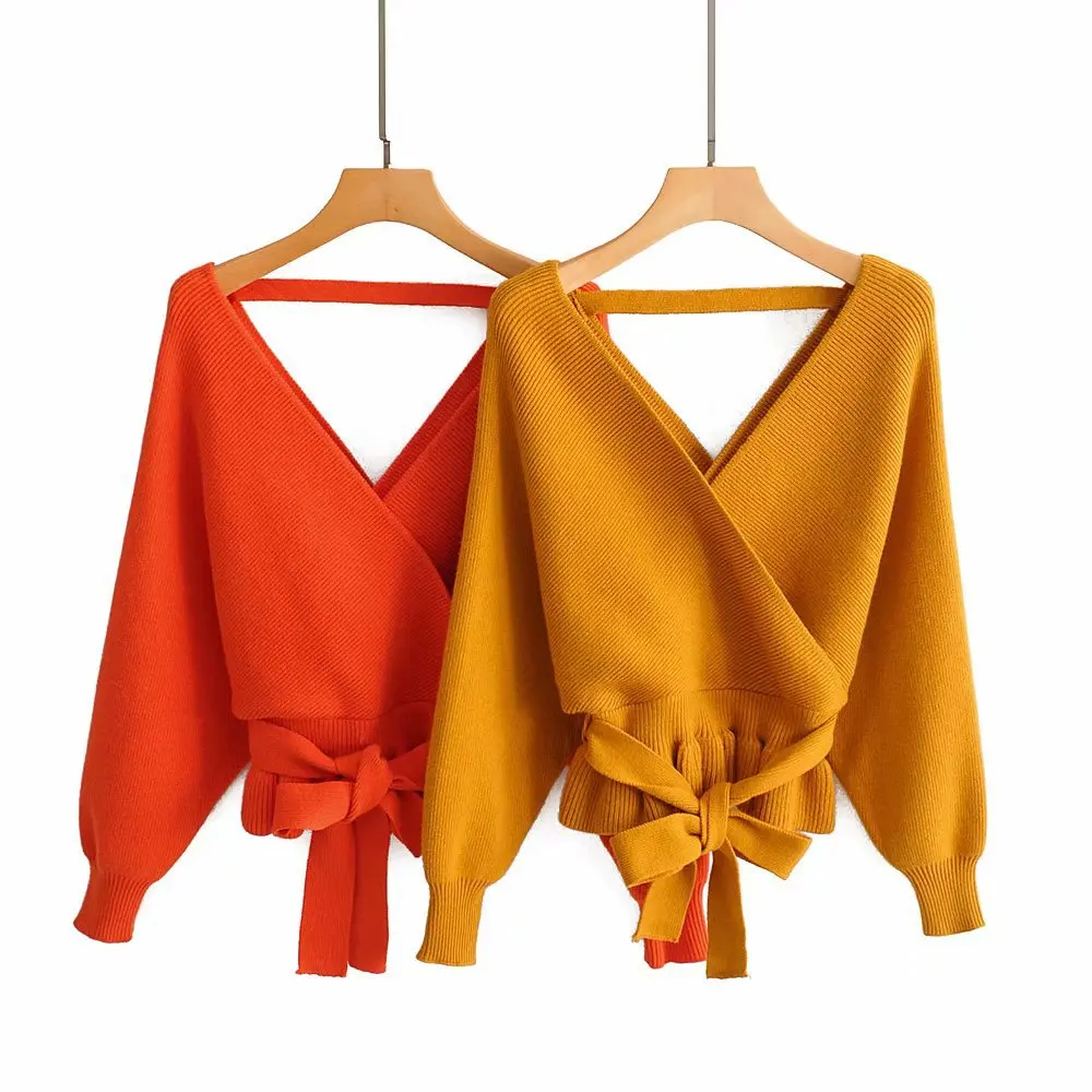 

Diwish Crop Sweater Short Pullovers Women's Autumn Tops Cute Solid Ruffles V-Neck Belt Sweaters Yellow Christmas Sweater