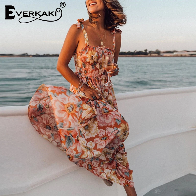 Everkaki Women Dress Floral Print Boho Summer Long Vestidos Ladies Gypsy Maxi Slip Dresses Casual Female 2020 Spring New Fashion | Женская
