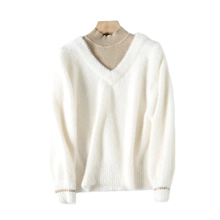 

A Generation of ju ruan! Handfeel Soft Sense of Design Joint Mock Two-Piece Faux Mink Cashmere Sweater Entity