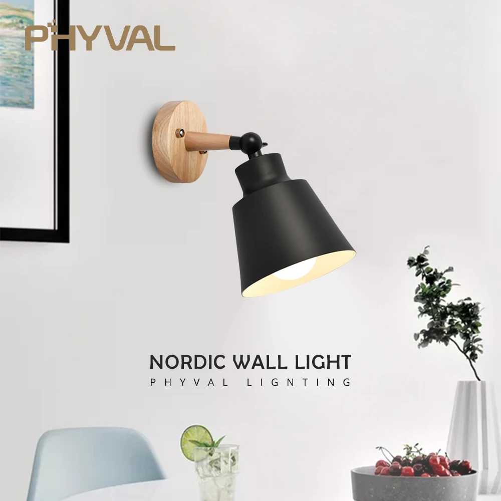 

PHYVAL Wood Lamp Bedroom 10mm Wooden base Wall Lamp With Plug Macaron Modern Wall Sconce For Liviing Room