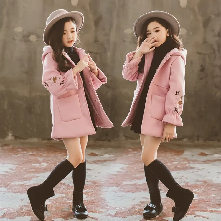 

Childrenswear 2018 New Style Autumn & Winter Girls Woolen Cloth Big Boy Thick Warm Embroidery Middle Long Coat