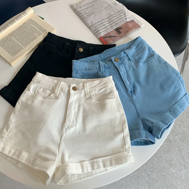 Pantalones cortos de tela vaquera para mujer, Shorts coreanos de cintura alta con rizos, pierna recta suelta, con botón, 2021