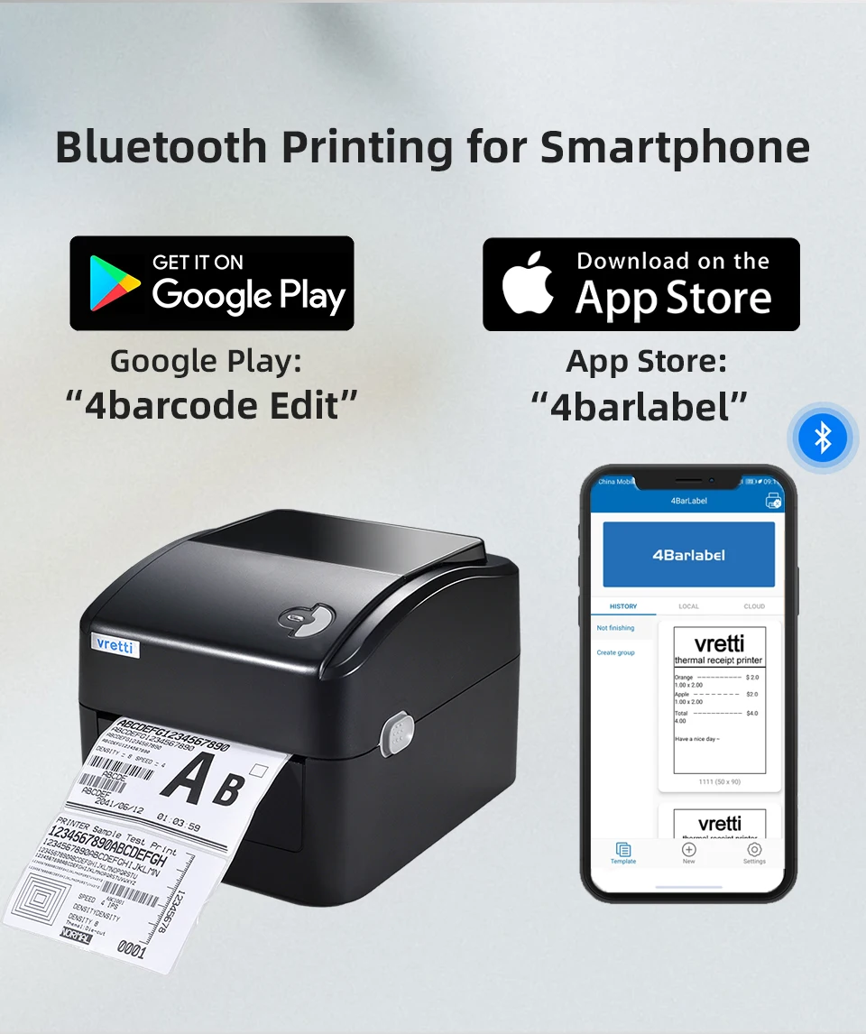 Vretti 420B Wireless Bluetooth Shipping Label Printer 4*6 Thermal Printer Express Black White Barcode Printer Label Holder POS