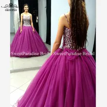 Фиолетовые пышные платья с серебряными стразами и кристаллами на тонких бретельках, пышное ТРАПЕЦИЕВИДНОЕ платье для выпускного вечера, Vestidos De 15 Anos