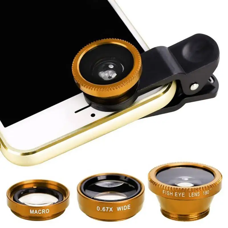 Universal 3-in-1 0.67x Wide Angle Macro Fisheye Lens Camera Kits Mobile Phone Fish Eye Lens With Clip For IOS Android Cell Phone - Цвет: Золотой