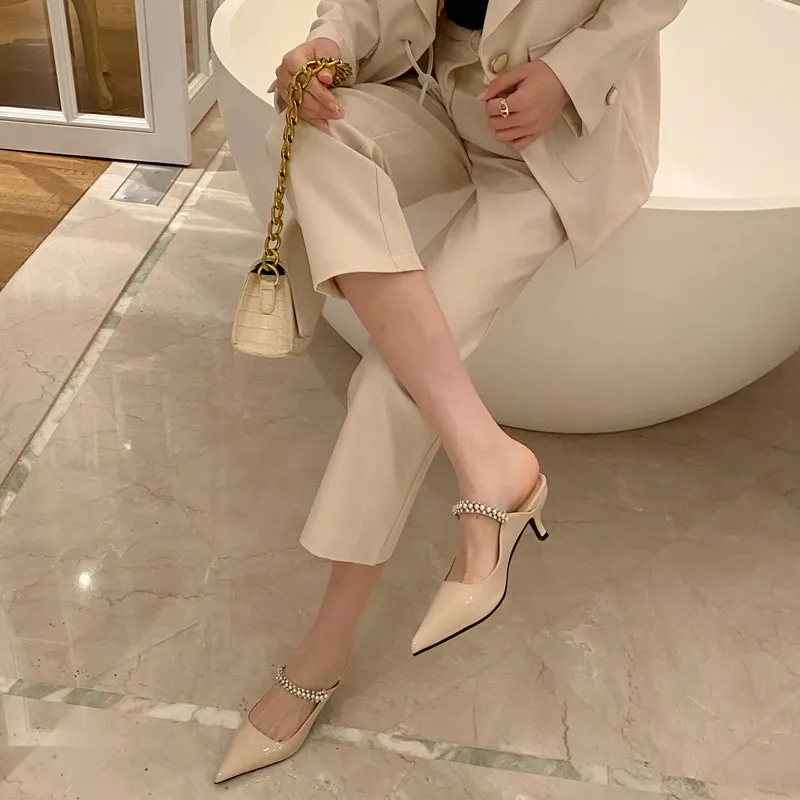 Pointed Toe Women Sandals Slides Hollow Mules Shoes Rhinestone Pearl Design  Elegant High Heels Sandals Slip On Black Beige