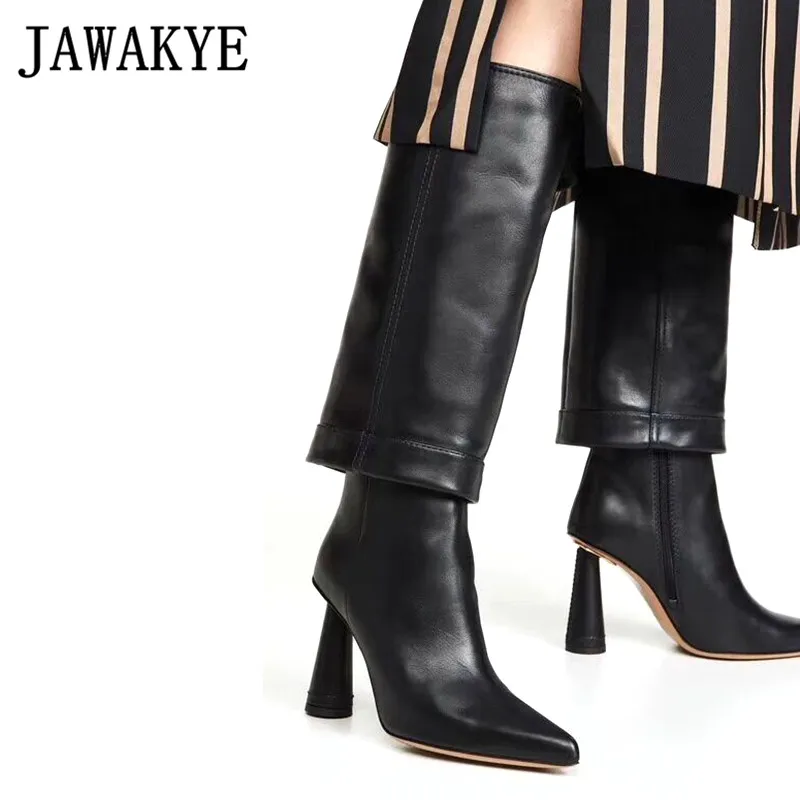 

New Sexy Spike high heel Knee high Long Boots Women Brown black Strange High Heels Pointed toe Party Shoes Genuine Leather High Boots for women bota feminina