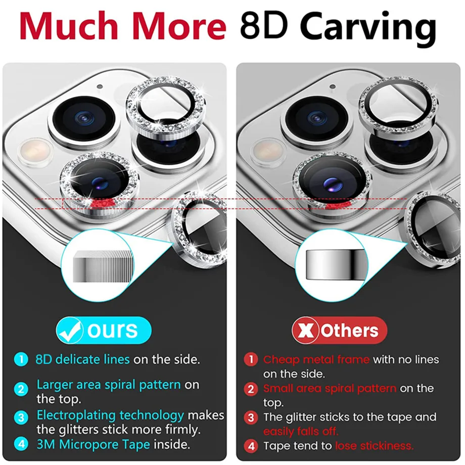 Diamond Glitter Camera Lens Protector On For iPhone 13 12 11 Pro Max Mini Metal Ring Lens Glass On iPhone 13 Pro Max Protective