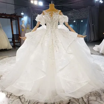 شراءفاخر الدانتيل الكرة ثوب الزفاف 2021 يزين مطرز قبالة الكتف الدانتيل يصل الظهر فساتين الزفاف حجم كبير Vestido De Noiva
