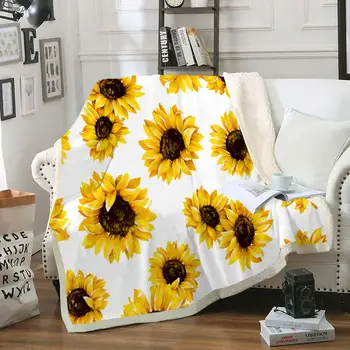 

Sunflower Sherpa Blanket Floral Plush Throw Blanket for Kids Bedspread White Fluffy Blanket Yellow Flowers Thin Quilt Dropship