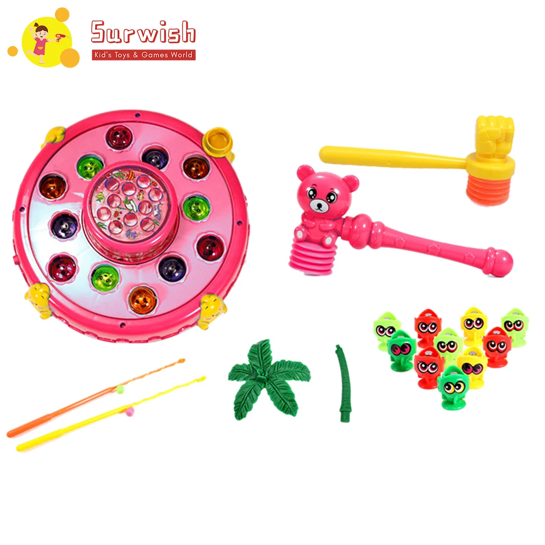 

2 In 1 Children Whac-A-Mole Mole Hamster Attack Poke and Fishing Game Toys with Rotary Fishing Pond - Pink