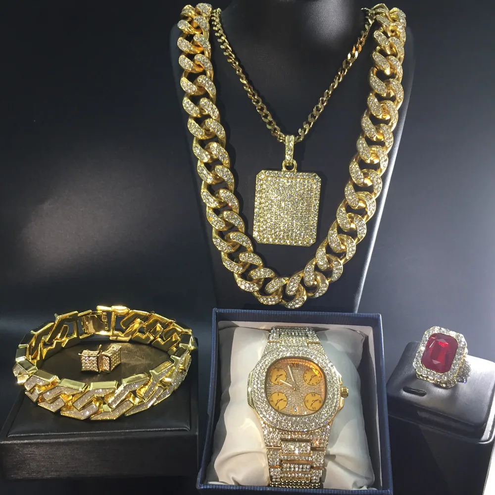 Men Luxury Watch Hip Hop Necklace Men Watch+ Necklace+ Bracelet+ Ring Iced Outed Cuban Men Hip Hop Combo Jewelry Set
