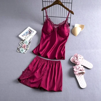 

Pink Pajama Set Negligee Shorts Pyjamas Women Sexy Lingerie Plus Size Spaghetti Strap Pajamas Satin Padded Nighties Nightwear